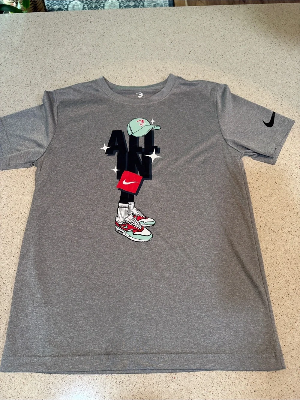 Youth- Nike Gray Tee with Mint Green Cap and Red Sneaker Graphic